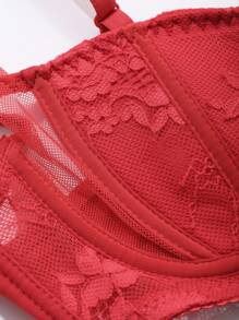 DAZY 透明网眼和蕾丝拼接衬垫性感内衣文胸 - 紅色 - 查看 9