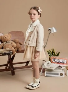 PrepCrw 少女杏色编织修身斜翻领夹克，秋冬学院风 - 米色 - 查看 3