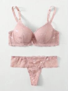 Floral Lace Super Push Up Bra & Panty Lingerie Set - Pink - View 5