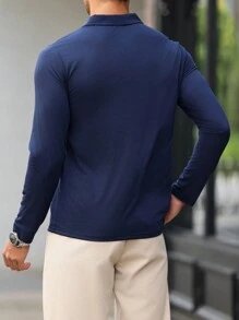Calvornis 时尚男士字母印花长袖 Polo 衫 - 藏蓝色 - 查看 7