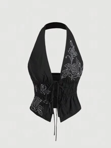 SHEIN MOD Débardeur ajusté noir pour femme avec strass et nœud devant, motif floral rose, débardeur graphique pour femmes, style pirate, hippie, hauts élégants - Noir - Voir 1