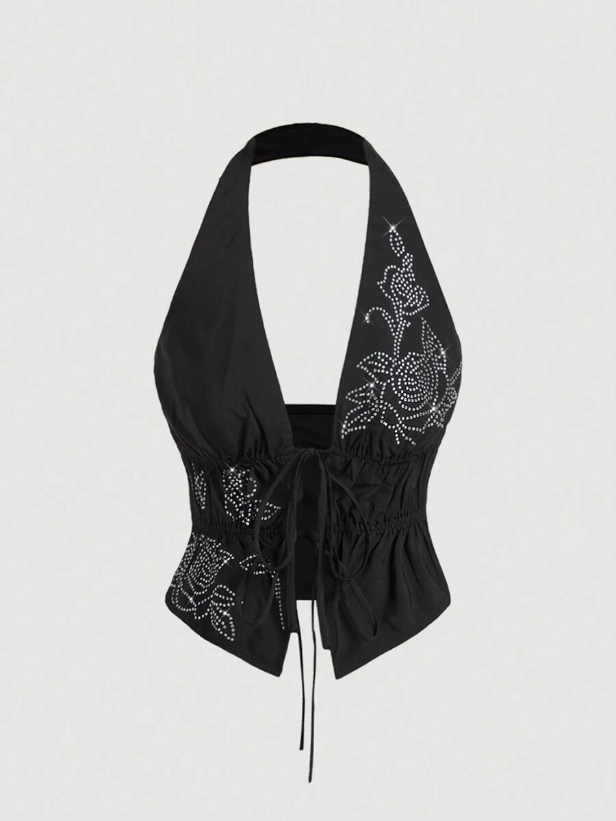 SHEIN MOD Débardeur ajusté noir pour femme avec strass et nœud devant, motif floral rose, débardeur graphique pour femmes, style pirate, hippie, hauts élégants - Noir - Voir 1