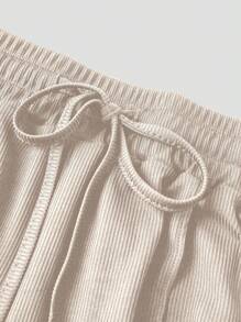 SHEIN PETITE 2pcs Women Casual Set - Square Neck Short Sleeve Top And Waist Tie Wide Leg Pants - Apricot - View 7