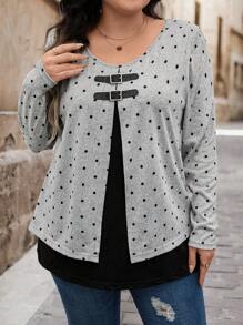 SHEIN LUNE Camiseta casual de manga larga con cuello redondo y botones con estampado de lunares para mujer de talla grande, ropa de otoño para tallas grandes