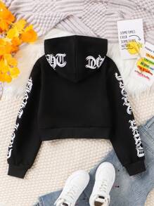 SHEIN Tween Girl 1pc Graphic Print Zip Up Hooded Jacket - Black - View 2