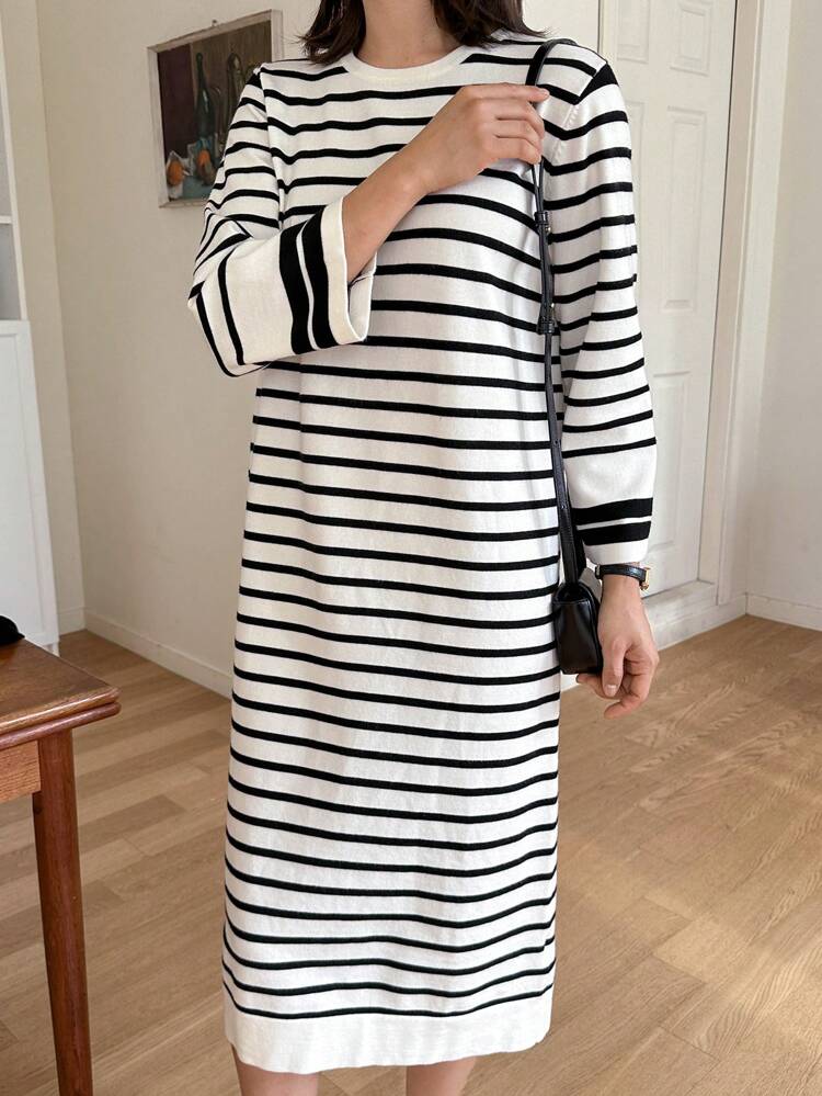 Women Simple Black & White Striped Flare Sleeve Sweater Dress