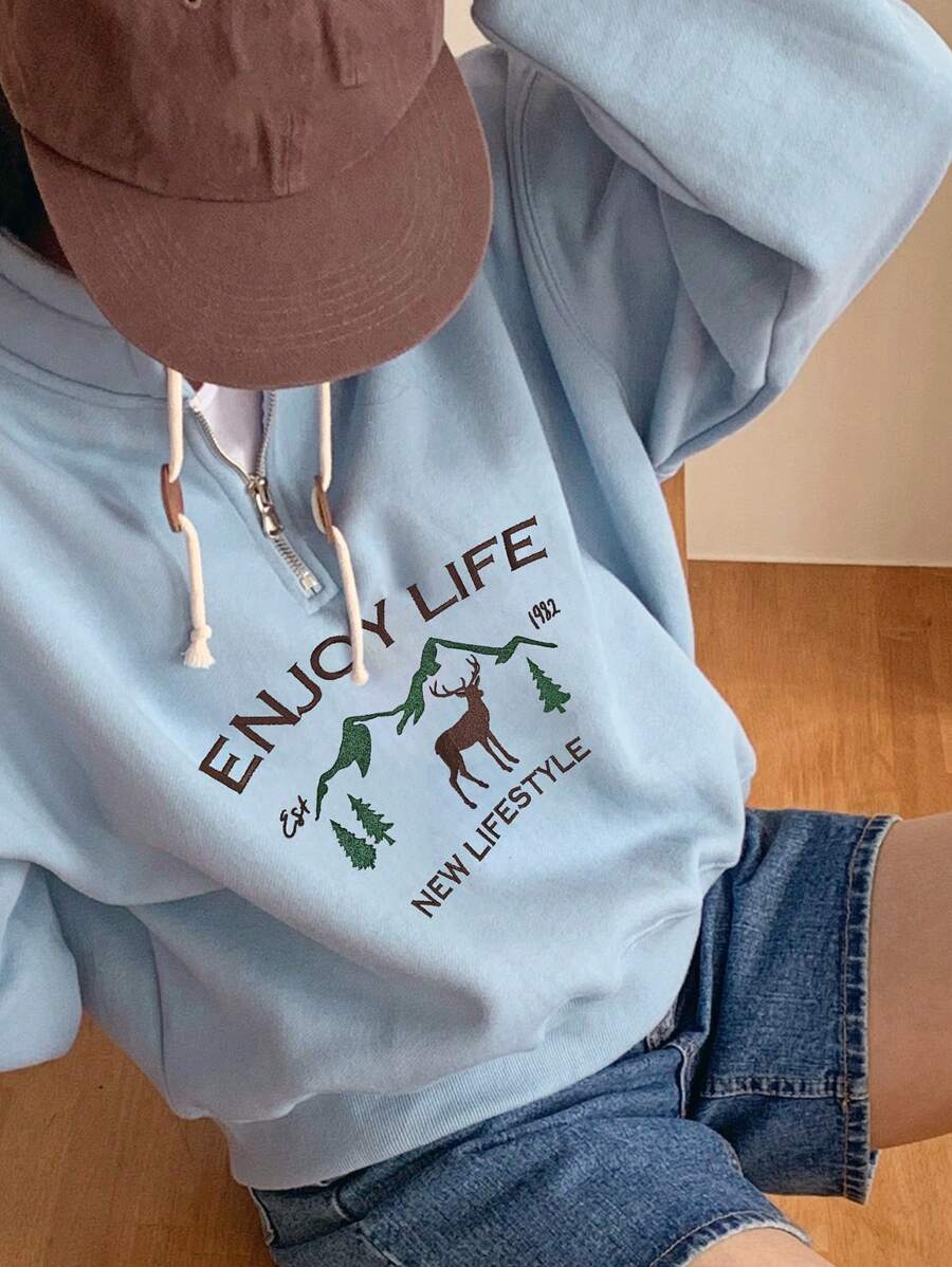 DAZY Women Graphic Embroidered Half-Zip Relaxed Fit Fleece Sweatshirt - Blue - View 1