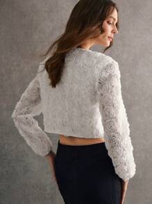 Poéselle Top alb cu imprimeu floral stereo, top alb, top cu barete fluture în față, top cu mânecă lungă, haine de toamnă pentru femei, cardigan, cămașă elegantă pentru femei, culoare solidă, crop, cu aplicații florale 3D, modă elegantă, top de zână, potrivit pentru zi de zi, în afara străzii, naveta, petrecere, banchet, întâlniri și alte ocazii de purtat - alb - Vizualizare 5