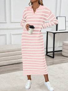 Chiquease Women's POLO Collar V-Neck Striped Low-Cut Casual Long Knit Sweater Dress