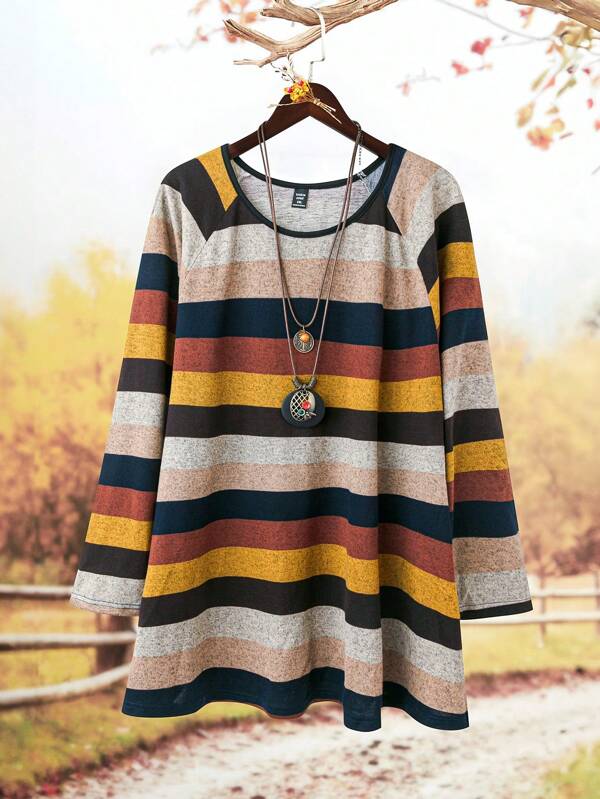 EMERY ROSE Plus Size  Vintage Striped Round Neck Raglan Sleeve Long Sleeve Casual T-Shirt, 
Winter Clothes For Women