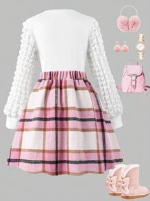 青少年女孩时尚泡泡袖上衣和格子迷你裙 2 件套服装