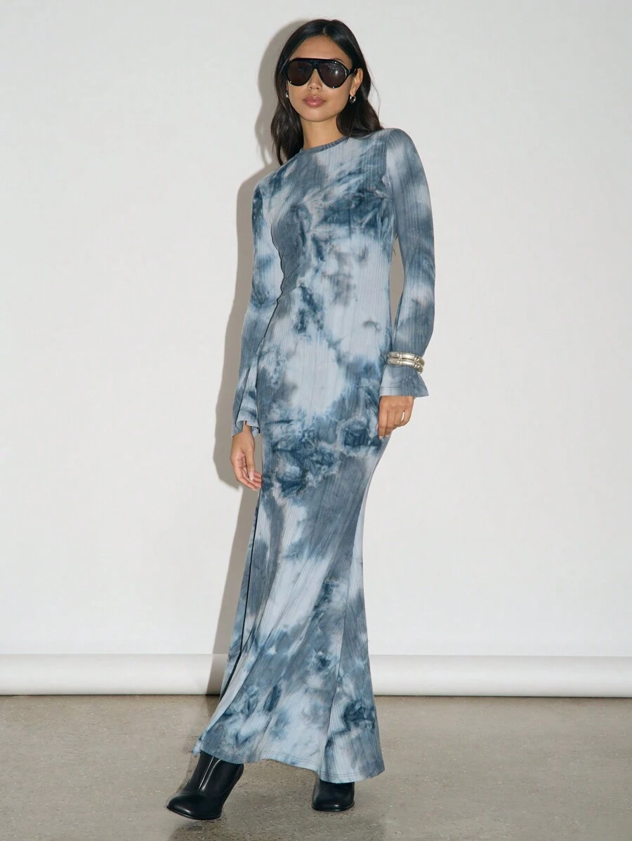 AiiRZ Ribbed Batik Tie-Dye Printed Long Sleeve Fishtail Hem Maxi Dress