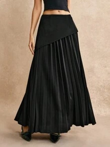 Poéselle Black Asymmetric Elegant Pleated Effortless Chic A-Line Skirt, Elegant And Charming, French Semi Skirt, Cottage Core, Black Elegant Pleated Effortless Chic Essential, FW24, Fall Women's Clothing