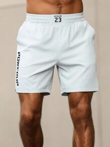 Gym Rark 男友风男士休闲透气字母印花斜插口袋弹力腰运动短裤，夏季灰色，健身短裤 - 淺灰色 - 查看 7