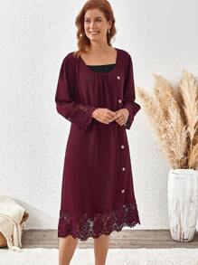 EMERY ROSE Plus Size Women's Button Decor Lace Splice Sleeve Loose Long Dress Burgundy Color Women Outfit - Burgundy - View 1