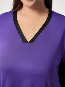 TaskEZ 1pc Plus Size Color Block Trim V-Neck Pocket Long Sleeve Nursing Top Scrub Uniform Top