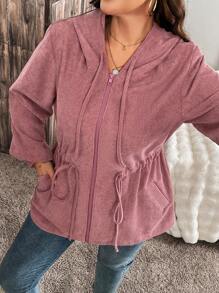 SHEIN LUNE 大码纯色前拉链长袖连帽运动衫，带口袋，简约设计 - 珊瑚粉 - 查看 4