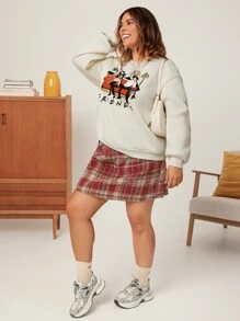 FRIENDS X SHEIN Plus Size Thickened Knitted Friends Character Print Sweatshirt In Cream White, For Winter - Beige - View 4