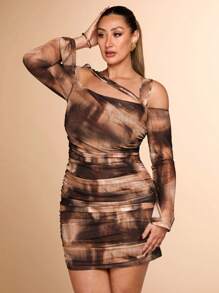 SHEIN BAE Đầm ngắn tay dài phối lưới nhuộm loang màu, dáng ôm vừa vặn, cổ bẻ lệch gợi cảm BAE Plus Date Party Hottie - Màu be - Xem 5
