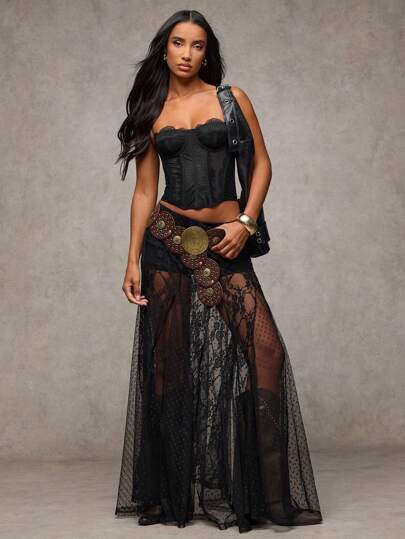 SHEIN BAE Lace See-Through Low-Waist Skirt, Women Country Music Concert/Beach Resort ,Valentine's Day, Valentine For Women