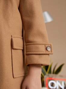 PrepCrw 男童秋冬学院风卡其棕色编织仿修身双排扣连帽外套 - 卡其色 - 查看 3