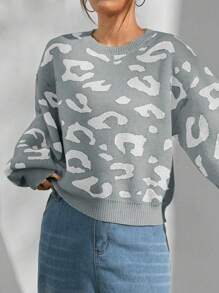 SHEIN Unity 女士休闲宽松豹纹落肩毛衣，适合秋冬季 - 彩色 - 查看 5