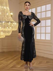 SHEIN Belle Vestido largo de encaje vintage ajustado a la cintura, elegante y delgado, adecuado para otoño e invierno, vestido formal de noche de manga larga en color negro para evento de graduación, cena o como invitada de boda