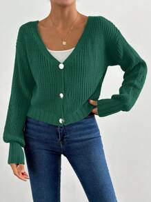 1 件纯色前扣休闲长袖针织开衫 - 墨綠色 - 查看 4