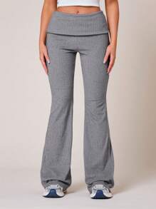 VARSIVA Cold Fall Winter Clothes Women Solid Color Fold-Over Waist Flare Leg Casual Pants - Grey - View 5