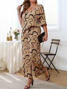 INAWLY 2pcs Plus Size Women Summer Striped Print V-Neck Batwing Blouse And High Waist Drawstring Pants Casual Set