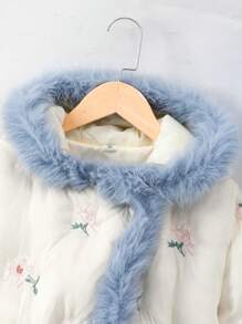 少女可爱温柔淑女优雅公主温暖蓬松领长款女童刺绣收腰休闲宽松厚风衣棉服外套，寒冷天气保暖 - 杏色 - 查看 6