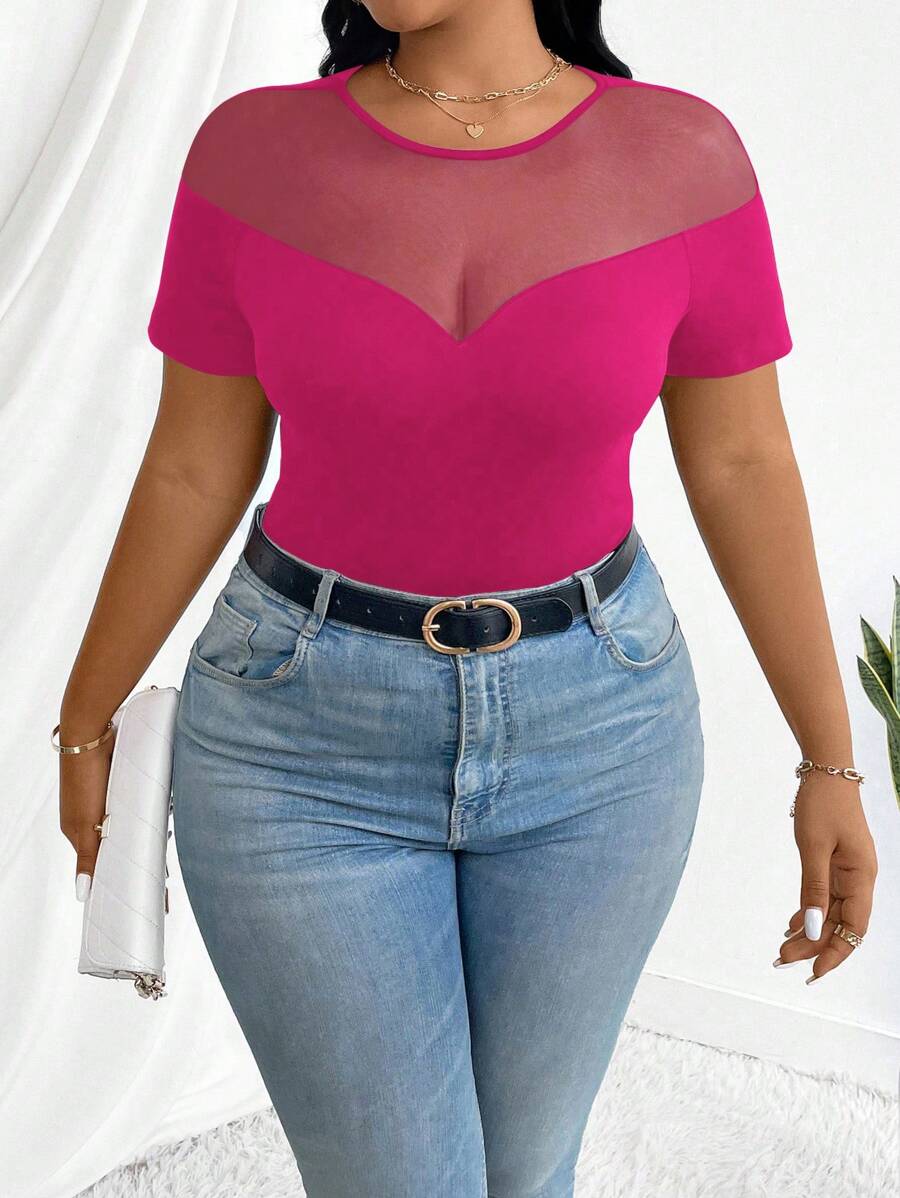 Flirla 大码女式休闲撞色网眼透视修身短袖衬衫，夏季 - 玫紅色 - 查看 1