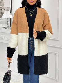 SHEIN Lady Women's Black And Cream Fuzzy Sweater Cardigan,Contrast Color Wide Stripe Long Sleeve Casual Commuting Outfits For Autumn,Winter Occasion Clothes - Multicolor - View 2
