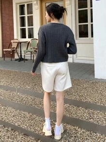 INAWLY 1 Stück Damen Rundhals Knopfverschluss Schleife Dekor Langarm Strickjacke