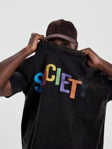 Musero Short Sleeve Crew Neck Graphic "SOCIETY" Print Tshirt Top Spring Summer Essentials - Black - View 5