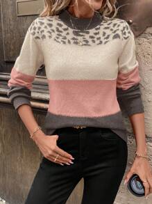 SHEIN LUNE Casual Chic French Countryside Music Festival Leopard Print Red Long Sleeve Sweater For Women, Autumn/Winter,Long Sleeve Tops