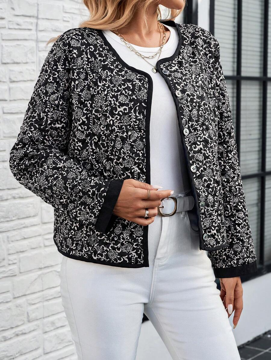 EMERY ROSE Abrigo corto de mujer con patrón floral en blanco y negro