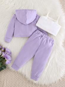 3pcs/Set Baby Girl Autumn/Winter New Casual Versatile Sports Comfortable Cute Floral 3D Floral Short Hoodie, Solid Color Suspender Top And Pants 3-Piece Outfit, Soft Fabric Suitable For Delicate Baby Skin