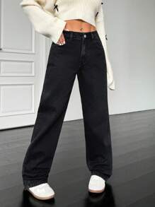 SHEIN PETITE 女式休闲宽腿口袋宽松牛仔裤 - 黑色 - 查看 5