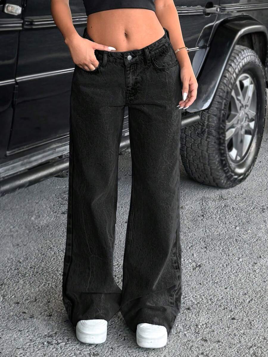 EURMUSE 100%Cotton LOW RISE WIDE LEG GREY RAW HEM Y2K STYLE WOMEN JEAN 2000s Style