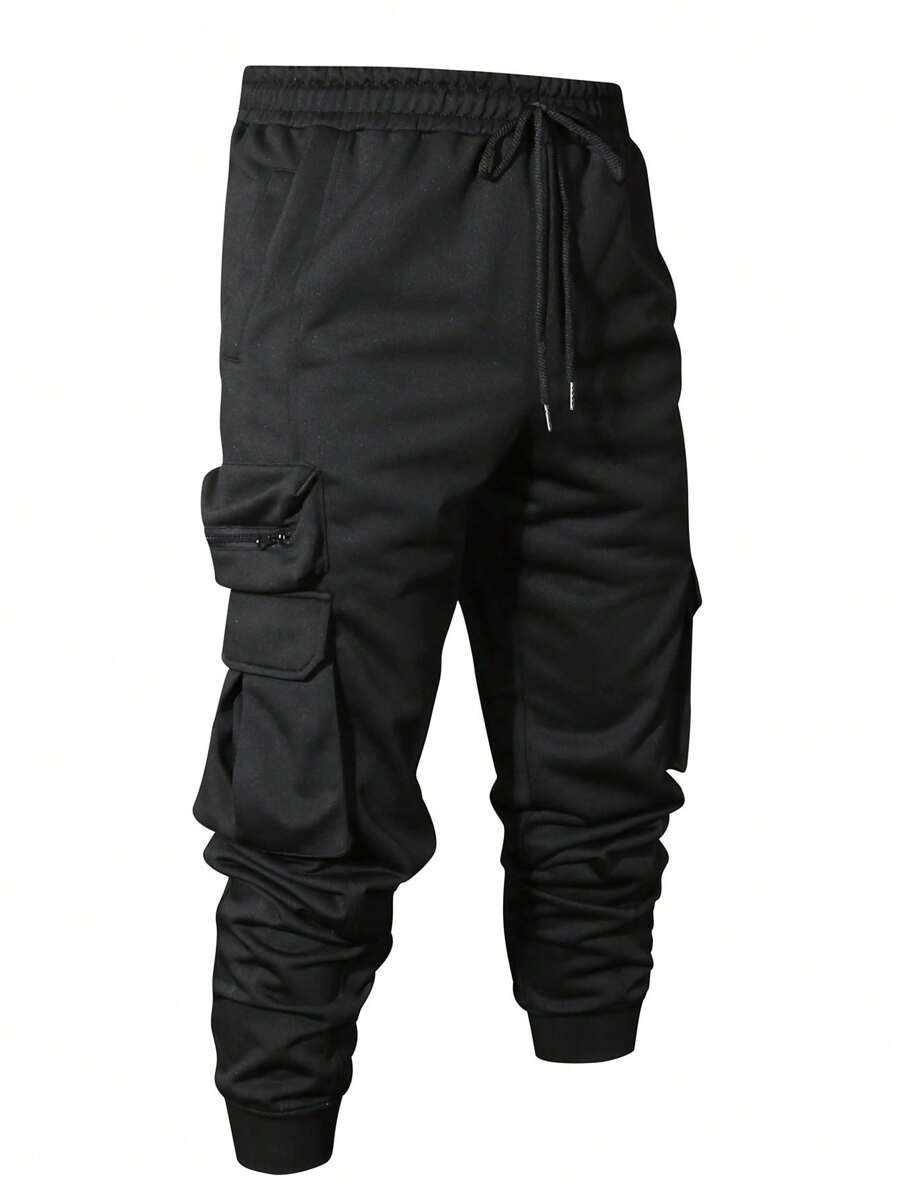Manfinity Homme 男士纯色前系带多功能口袋休闲工装慢跑运动裤，外出纯色长款街头穿着抽绳纯黑色慢跑运动裤，适合丈夫、男朋友的礼物 - 黑色 - 查看 1