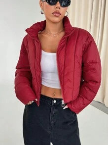 SHEIN Unity Women's High-End Red Short Stand Collar Padded Coat, Loose Fit Thick Versatile Asymmetrical Design Padded Coat, Winter - Red - View 5