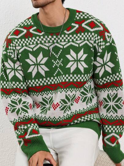 Manfinity Homme Men's New Autumn/Winter Christmas Snowflake Moose Print Casual Graphic Color Block Pullover Long Sleeve Sweater, Unisex Christmas Sweater, For Party, Friends