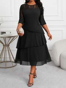 SHEIN Lady Vestido midi profesional empresarial azul de talla grande para mujeres, con mangas huecas, encaje, pespuntes, volantes y capas, ropa y vestidos de profesora para otoño, vestidos de encaje para las cuatro estaciones