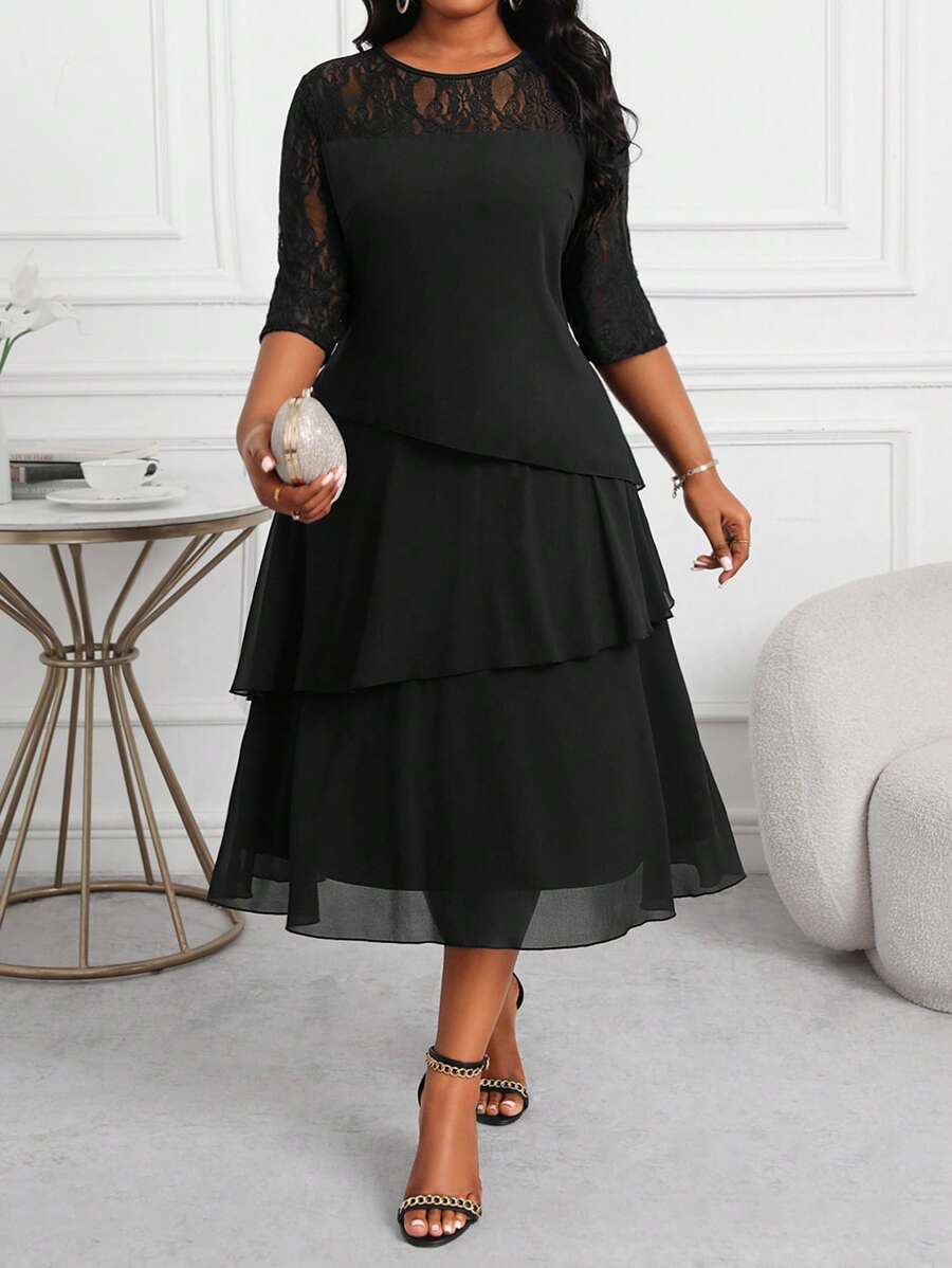 SHEIN Lady 大码女装商务专业蓝色镂空袖蕾丝拼接荷叶边分层中长连衣裙教师服教师连衣裙秋季连衣裙蕾丝连衣裙四季 - 黑色 - 查看 1