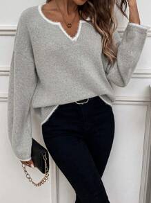 SHEIN LUNE Notched Neckline Drop Shoulder Knit Pullover Fall Winter Sweater - Grey - View 5