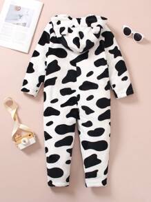 SHEIN 年轻男孩舒适奶牛印花长袖连帽连体衣，适合4-7岁男孩秋春冬季 - 彩色 - 查看 2