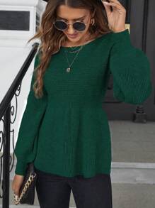 SHEIN Frenchy 休闲纯色灯笼袖收腰毛衣，秋冬 - 綠色 - 查看 7