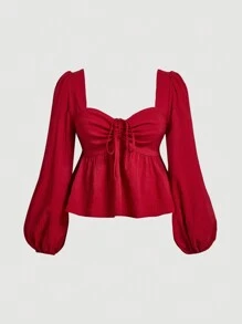 SHEIN MOD Plus Size Red Retro Square Neck Collar Babydoll Shirt .Christmas  Shirt.