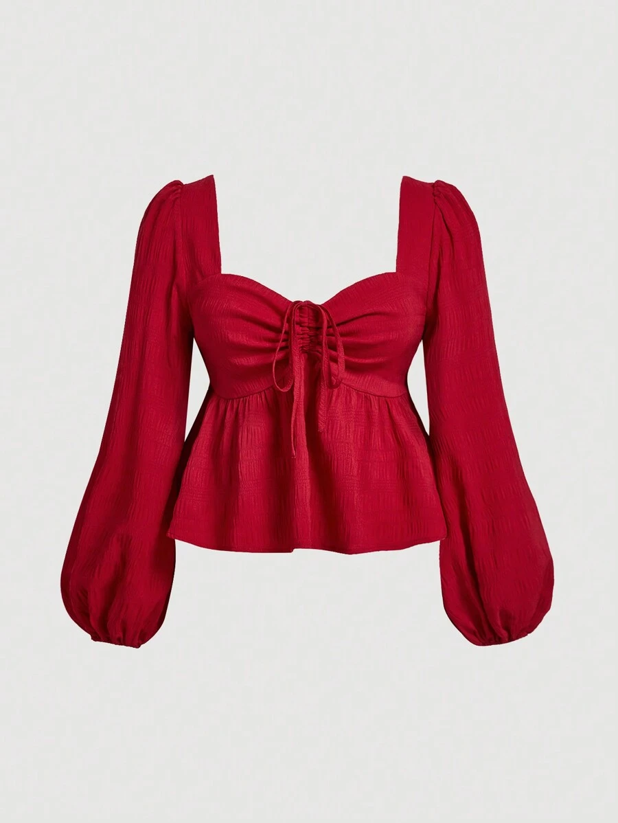 SHEIN MOD Plus Size Red Retro Square Neck Collar Babydoll Shirt .Christmas  Shirt.